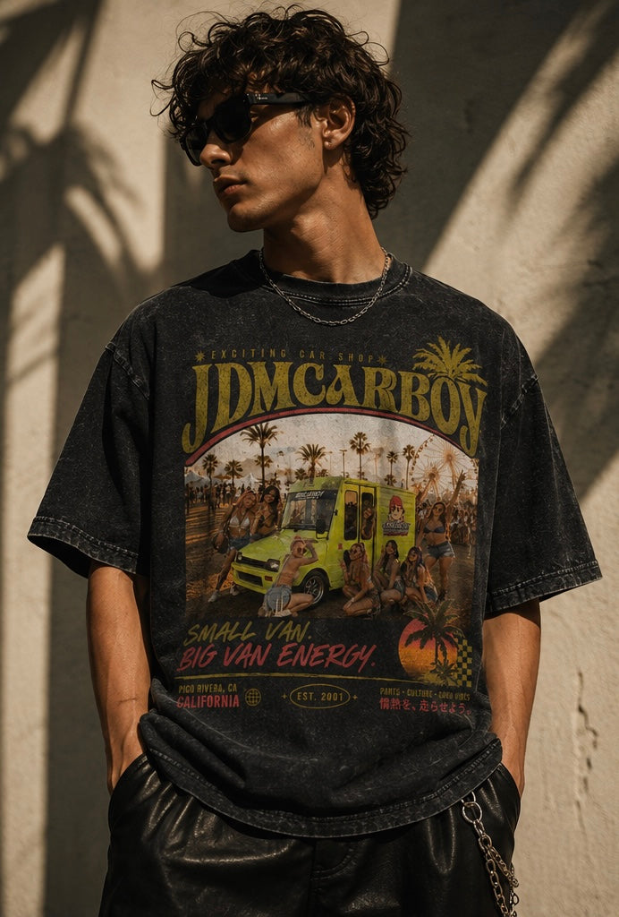JDMCARBOY Daihatsu Mira Walk-Through Van Heavyweight Graphic T-Shirt – Small Van. Big Van Energy.