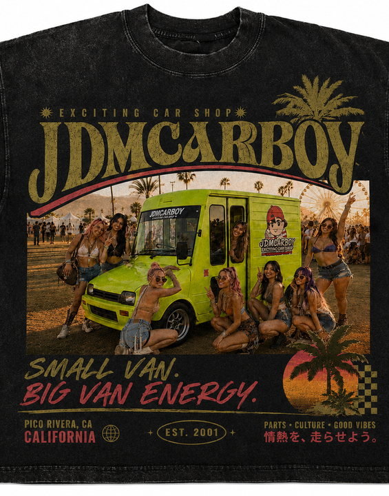JDMCARBOY Daihatsu Mira Walk-Through Van Heavyweight Graphic T-Shirt – Small Van. Big Van Energy.
