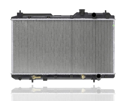 Koyorad A2051 radiator for 1997-2001 Honda CR-V 2.0L automatic, front view showing aluminum core, black plastic tanks, and brass transmission cooler fittings