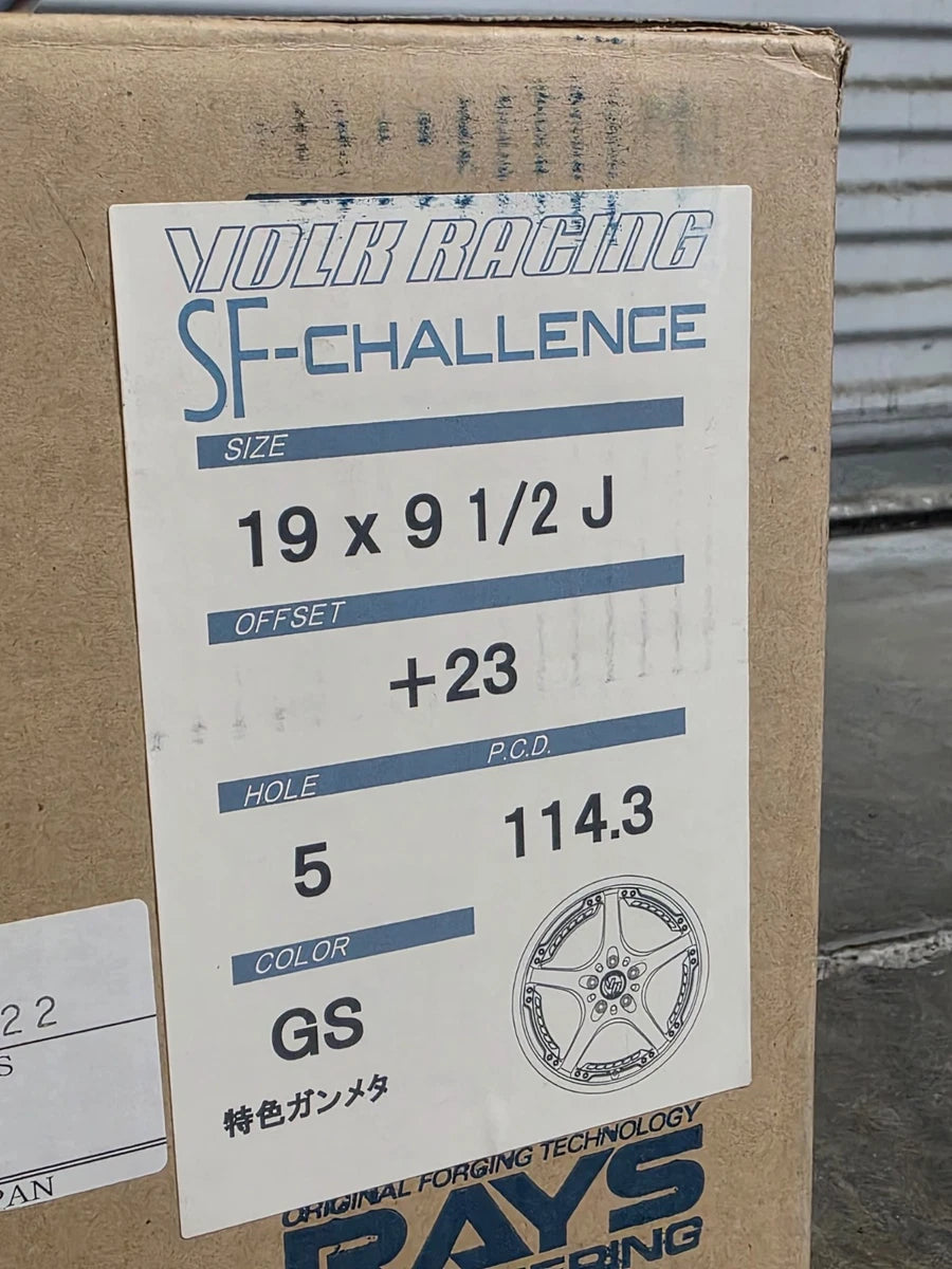 RAYS SF-Challenge box label, 19x9 1/2J +23 5x114.3 GS