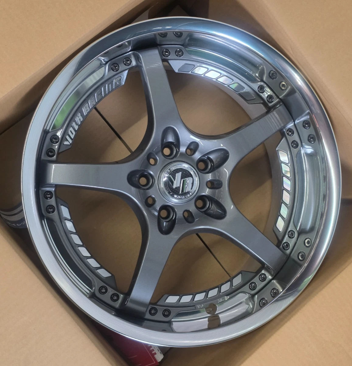 RAYS Volk Racing SF-Challenge wheel in box, front view