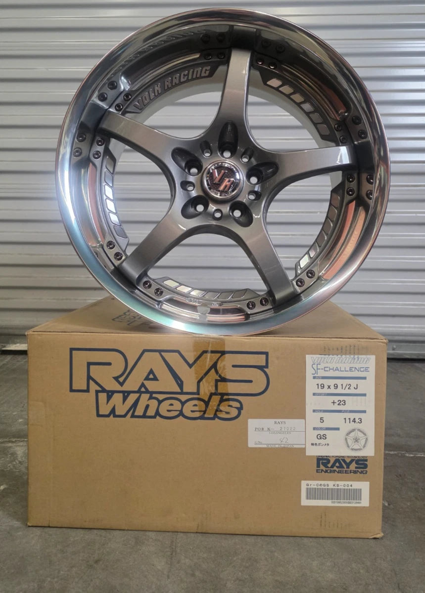 RAYS Volk Racing SF-Challenge wheel on box, front angle