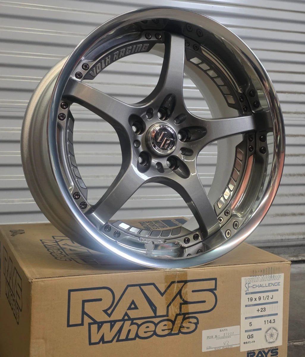 RAYS Volk Racing SF-Challenge wheel on box, side angle