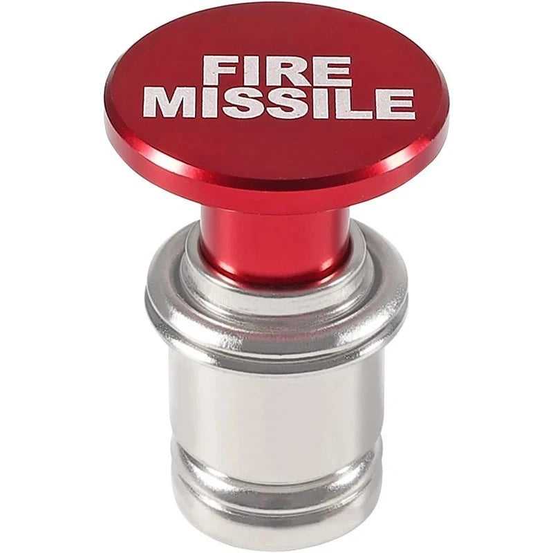 Red anodized aluminum Fire Missle push button 12V cigarette lighter, Size A, with laser-etched lettering on the cap