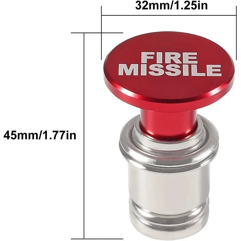 Red anodized aluminum Fire Missle push button 12V cigarette lighter, Size A, with laser-etched lettering on the cap