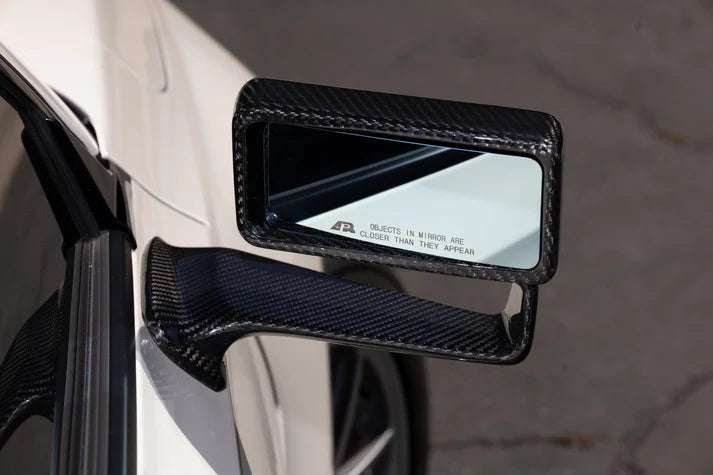 APR GT2 carbon fiber aerodynamic mirrors installed on 2023+ Honda Civic Type R FL5 in Championship White – aggressive front three-quarter view showcasing reduced drag and premium JDM styling