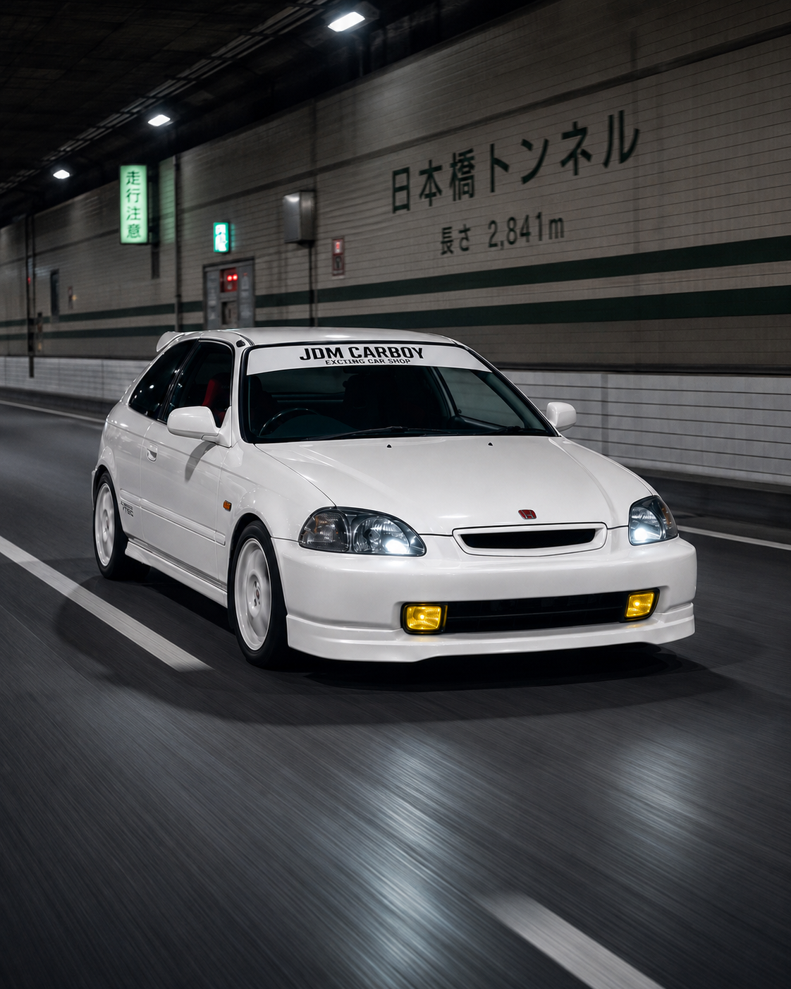 1996-1998 Honda Civic with JDM CARBOY H3 chrome housing yellow lens fog lights installed