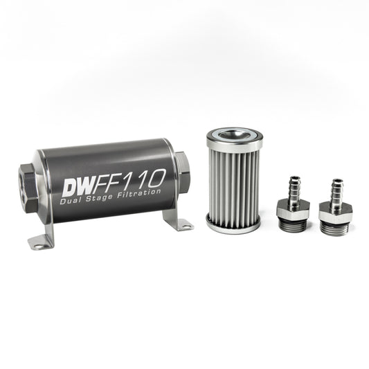 DeatschWerks Stainless Steel 5/16in 5 Micron Universal Inline Fuel Filter Housing Kit (110mm)