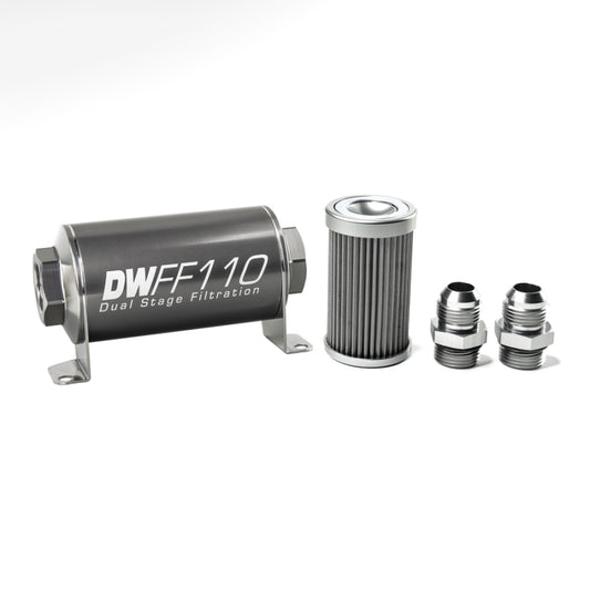 DeatschWerks Stainless Steel 10AN 40 Micron Universal Inline Fuel Filter Housing Kit (110mm)